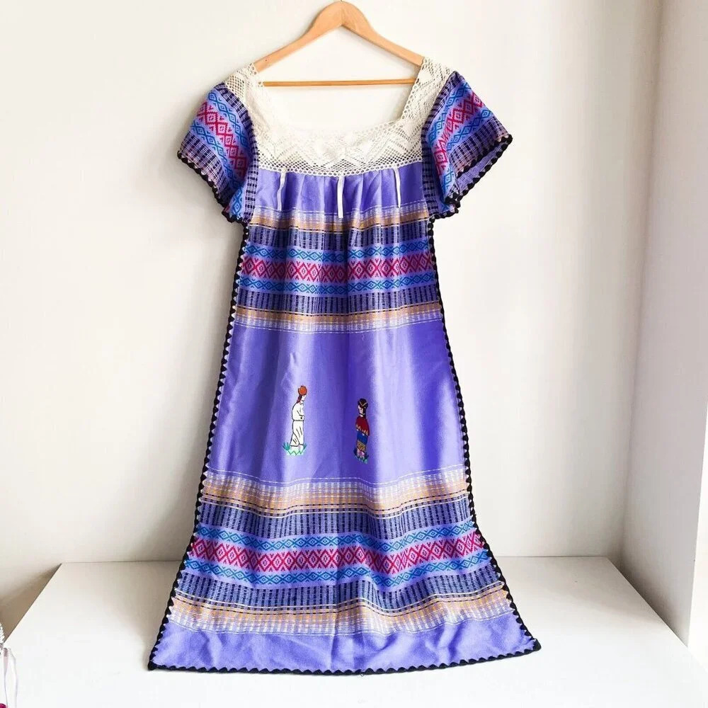 Vintage Lavender Puprle Guatemalan Ethnic Midi Dress L